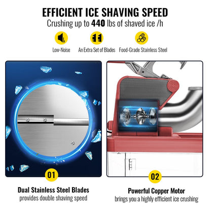 brand 110V Commercial Ice Crusher 440LBS/H, ETL Approved 300W Electric Snow Cone Machine with Dual Blades, Stainless Steel Shaved Ice Machine with Safety On/Off Switch