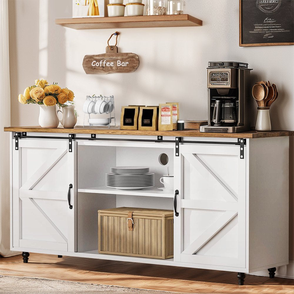 Farmhouse Coffee Bar Cabinet, 58'' Kitchen Buffet Sideboard Storage Cabinet with Adjustable Shelves, White