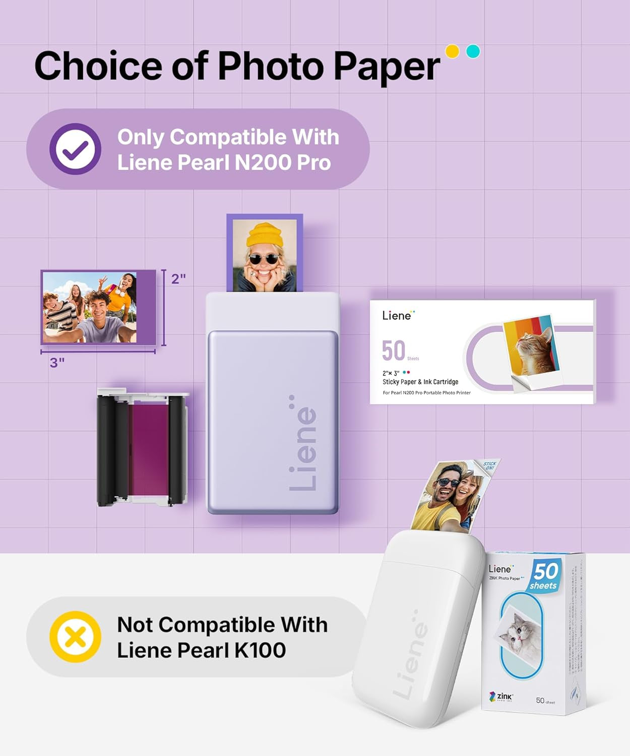 Liene Pearl N200 Pro Portable Photo Printer Photo Paper 50 Sheets & 5 Cartridges, Picture Printer Sticker Paper Adhesive, Waterproof, Smudge Proof, Photo Paper Only for DMP130 for Scrapbook