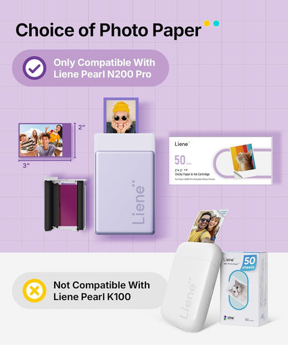 Liene Pearl N200 Pro Portable Photo Printer Photo Paper 50 Sheets & 5 Cartridges, Picture Printer Sticker Paper Adhesive, Waterproof, Smudge Proof, Photo Paper Only for DMP130 for Scrapbook