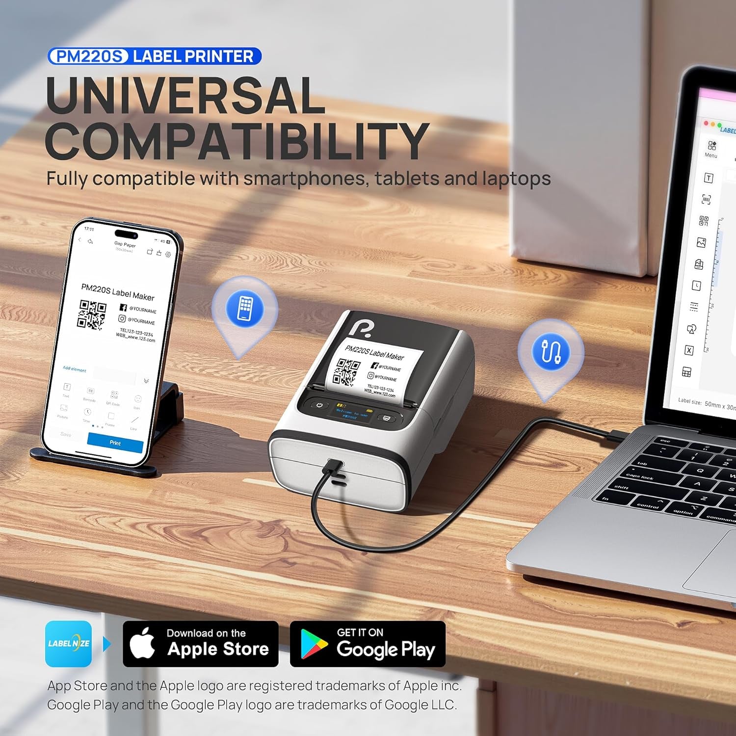 PM220S Label Maker Machine with Tape, 2 Inch Bluetooth Thermal Label Printer, Portable Sticker Printer for School, Office, Home, Business, Label Maker with 2'' X1.18'' Labels, White