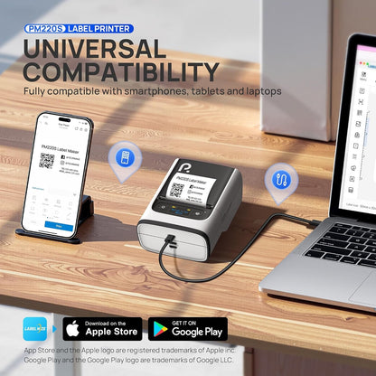 PM220S Label Maker Machine with Tape, 2 Inch Bluetooth Thermal Label Printer, Portable Sticker Printer for School, Office, Home, Business, Label Maker with 2'' X1.18'' Labels, White