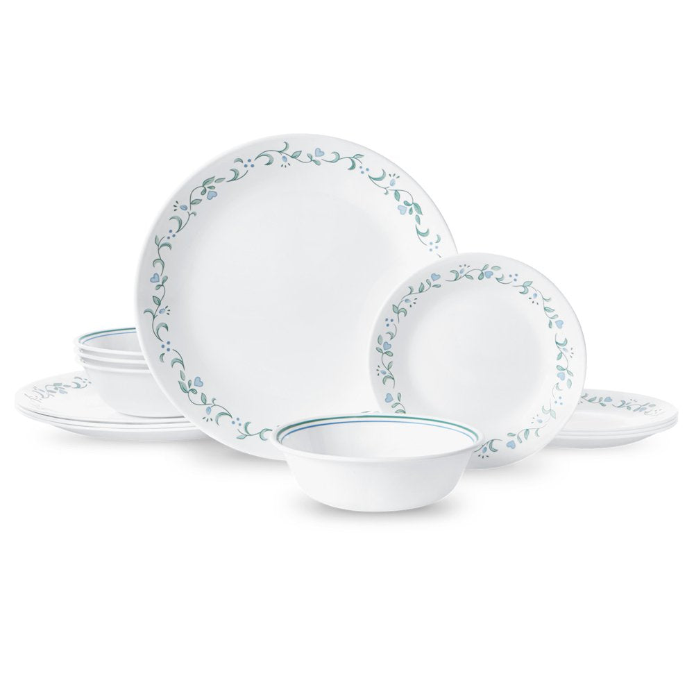 Country Cottage, White and Green round 12-Piece Dinnerware Set