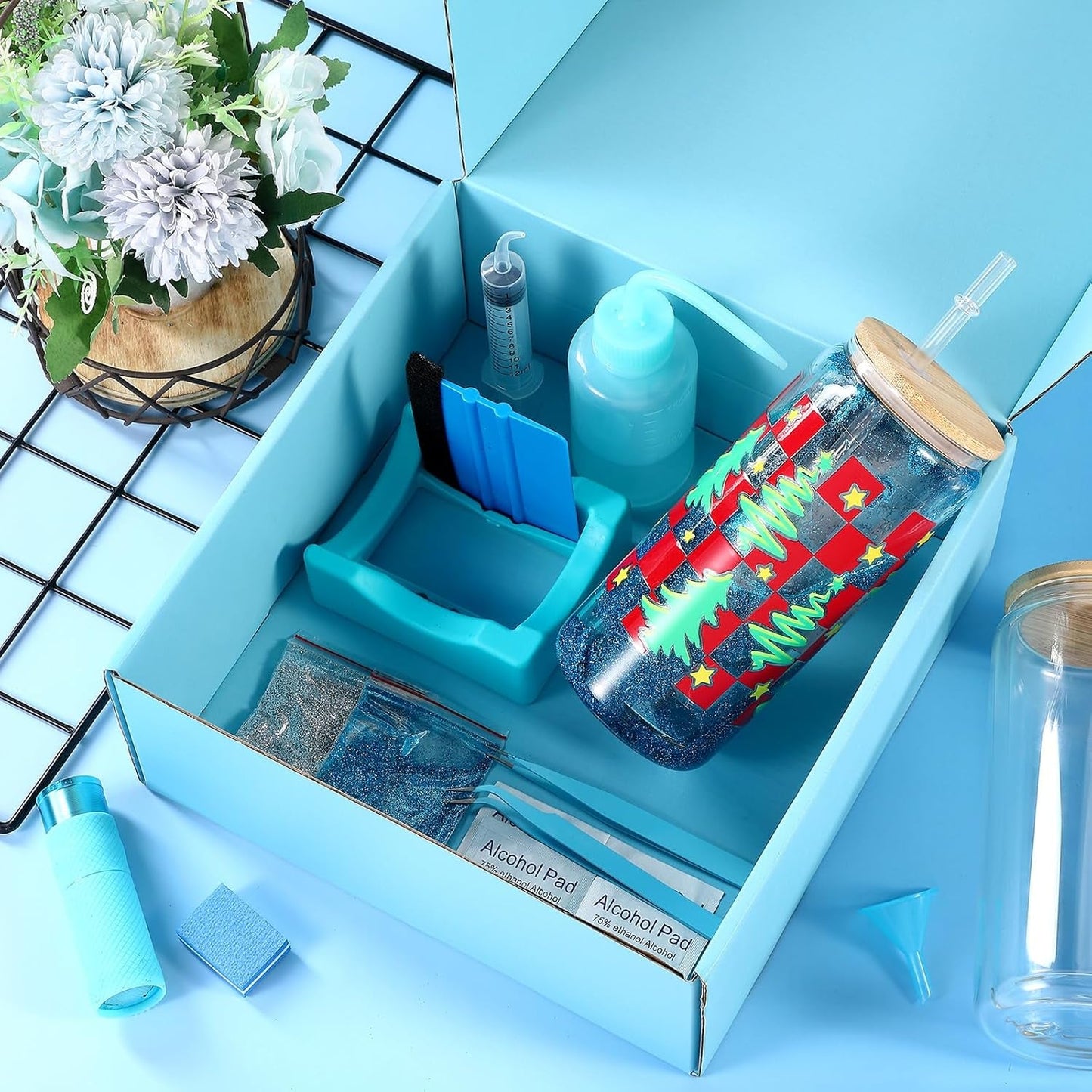 Baderke 20 Pcs Snow Globe Tumbler DIY Kit 16 Oz Tumbler Squeeze Bottle, Glitter, Funnel Tweezer Silicone Cup Cradle Measuring Cup Glove Flashlight Buffer for Beginner(Blue,Classic)