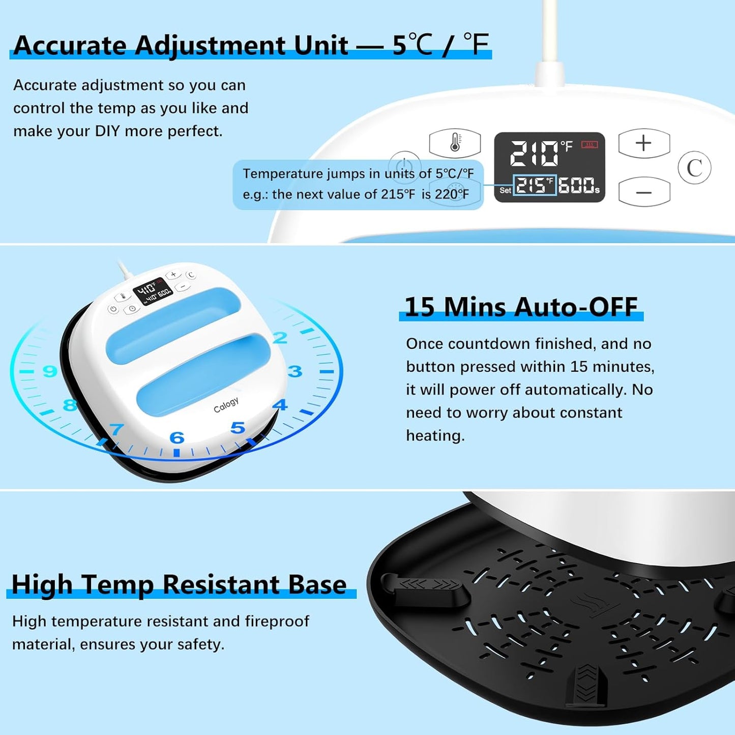 Calogy Heat Press Machine for T-Shirts 10"X10", Portable Heat Press Fast up to 410℉(210 ºc), Precise Temp Control, 15 Mins Auto off for Bag, Pillows Sublimation Vinly Transfer (White Blue, 10 X 10 In)