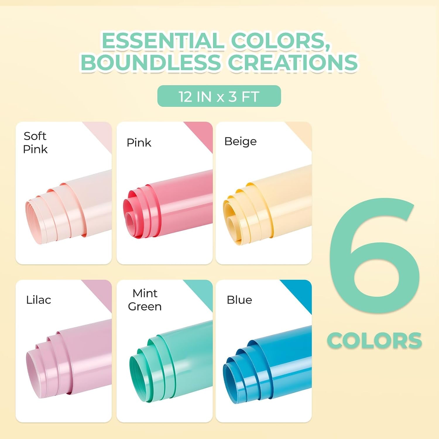 HTVRONT Pastel Permanent Vinyl - 12" X3Ft 6 Rolls Boho Adhesive Vinyl Roll Bundle Compatible with Cricut & Silhouette, Matte Finish Waterproof Roll for Mugs, Windows, Easter Crafts, Signs, Decals