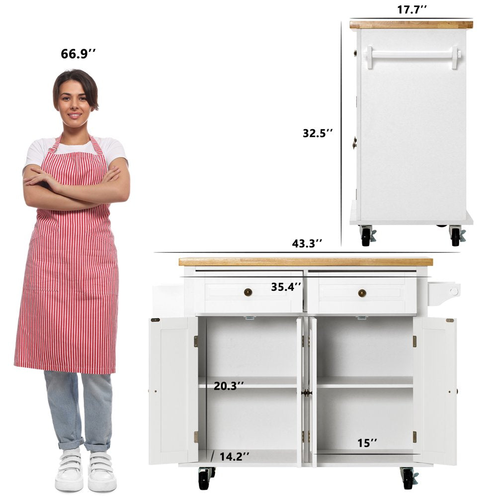 Rolling Kitchen Island, Kitchen Cart with Rubber Wood Countertop, Lockable Casters, Adjustable Shelves, Matte(White-43.3"X17.7"X32.5")