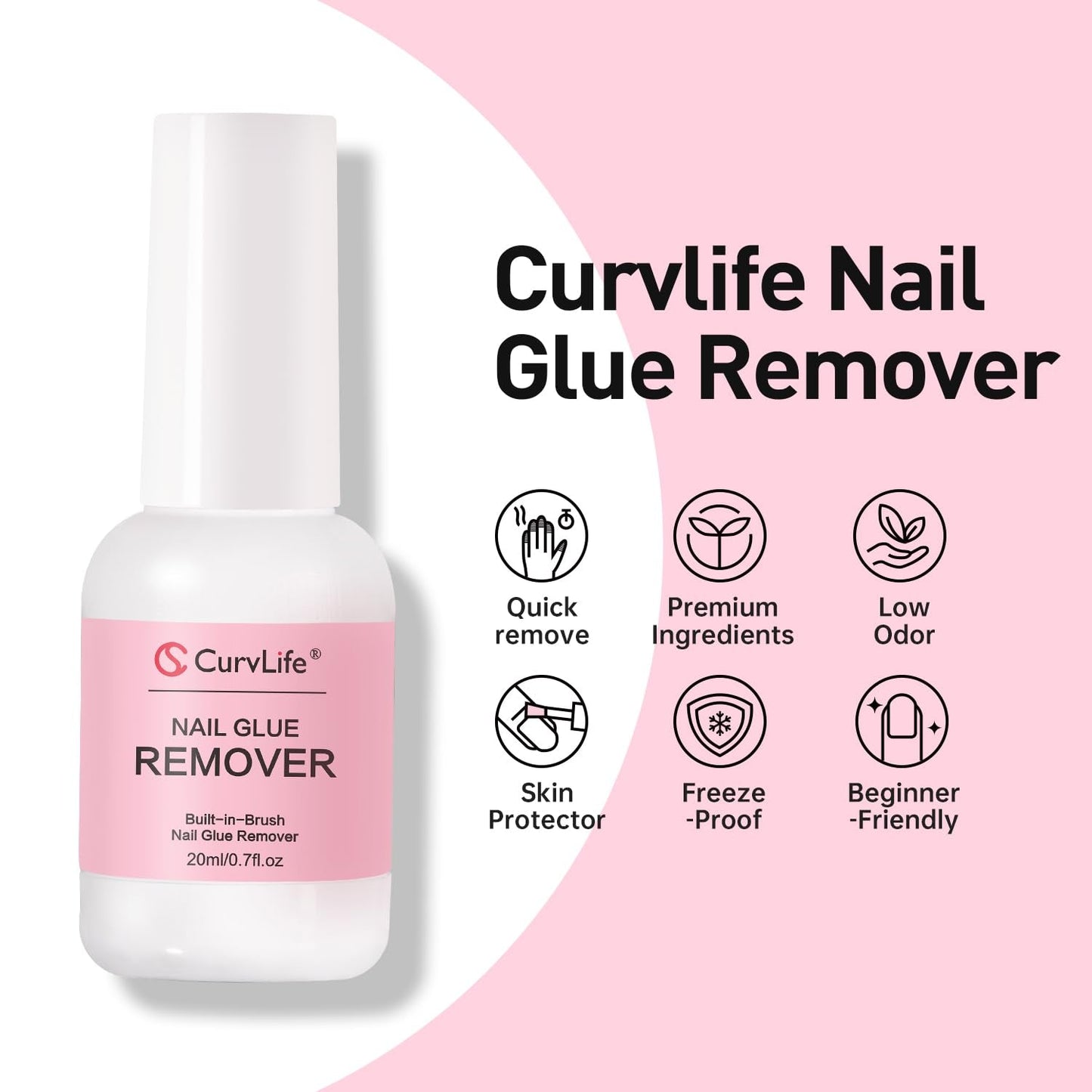 Curvlife Multi-Functional Brush-On Nail Glue Remover 20Ml for Press on and Fake Nails - Cuticle Pusher for Women