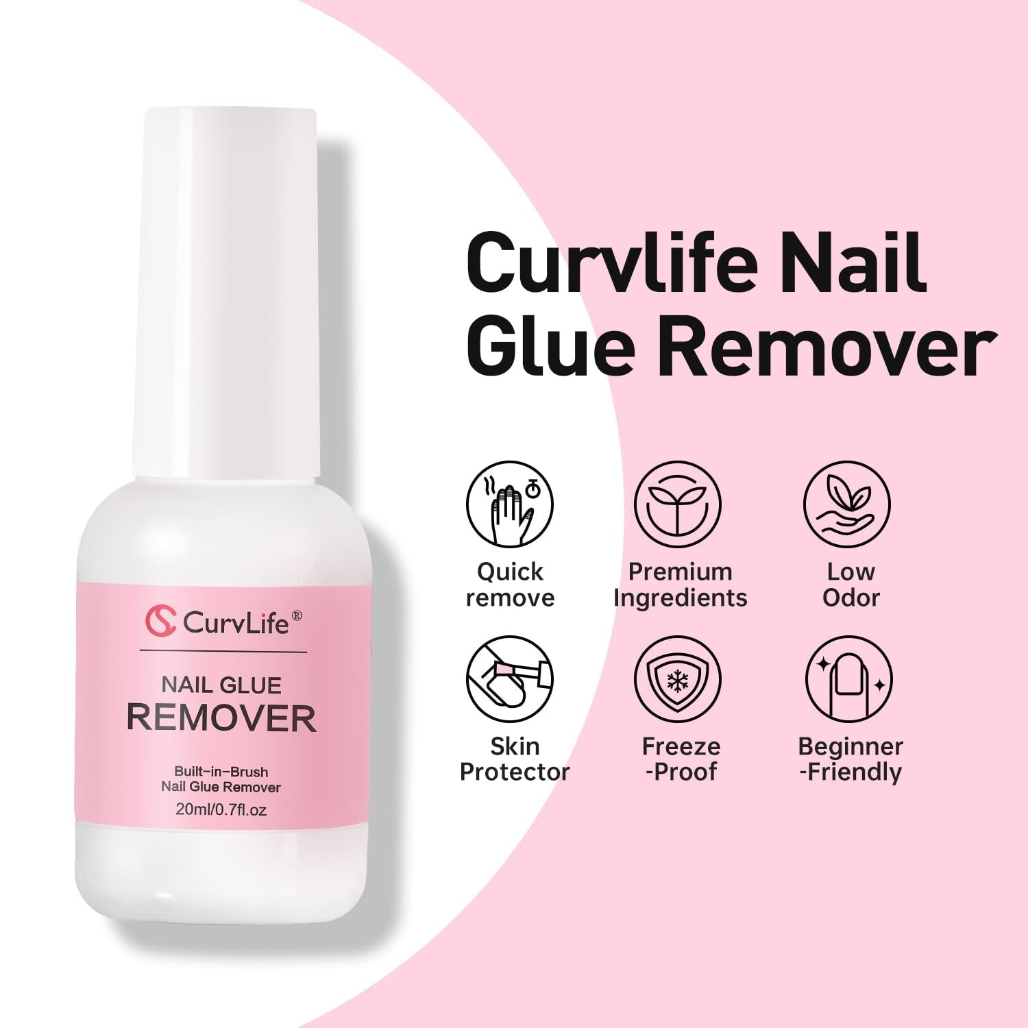 Curvlife Multi-Functional Brush-On Nail Glue Remover 20Ml for Press on and Fake Nails - Cuticle Pusher for Women