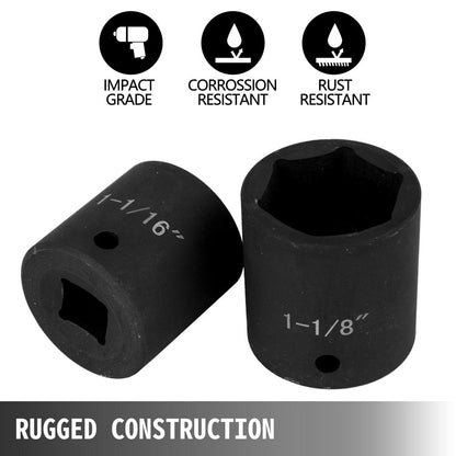 Impact Socket Set 1/2", 19 Piece Impact Sockets, Standard Socket Assortment, 1/2 " Drive Socket Set Impact Standard SAE (3/8" to 1-1/2" ) 6-Point Hex Sockets