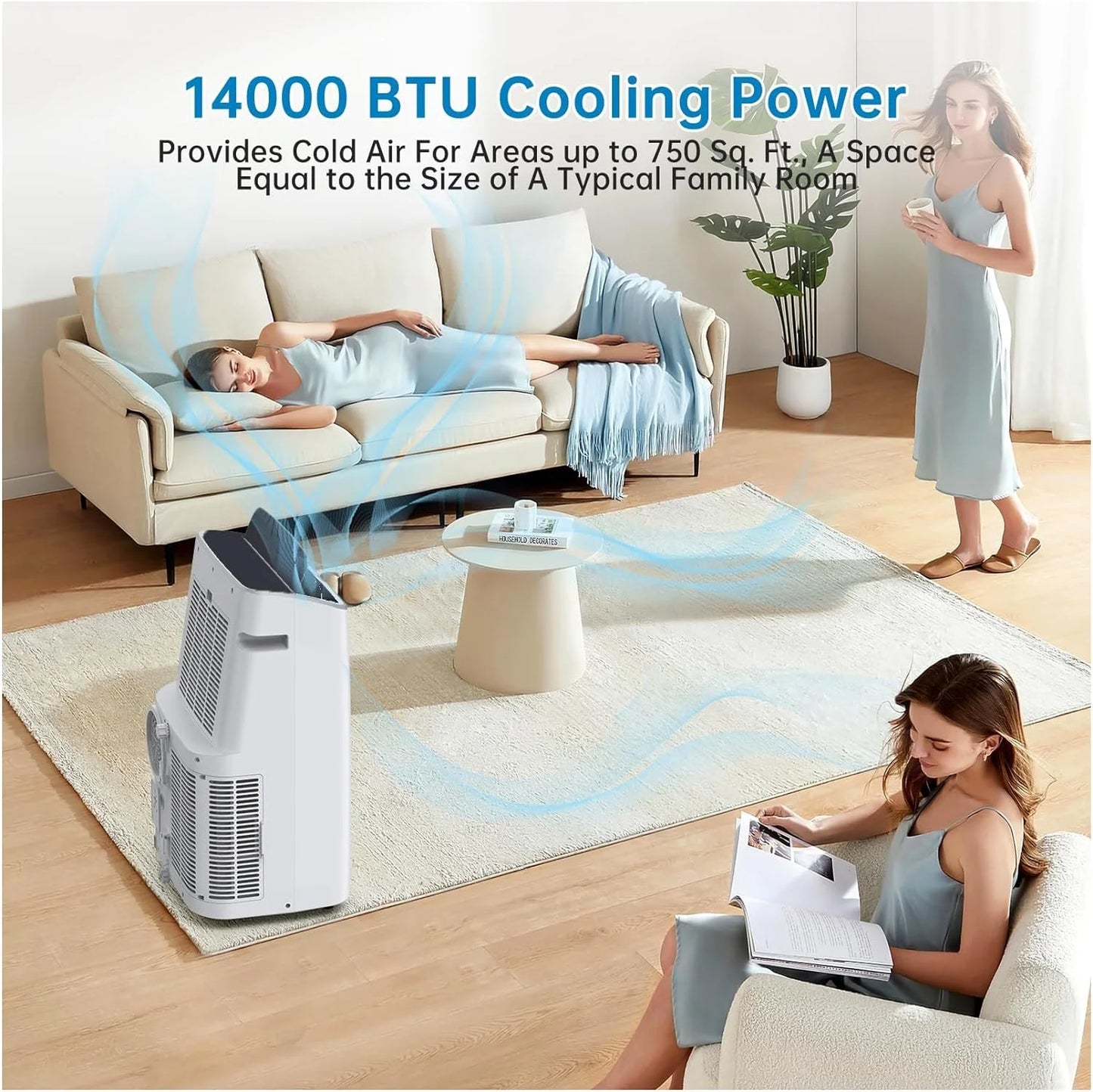 14,000 BTU Portable Air Conditioner, Remote Control, and Installation Kits, 50Db, Cools up to 750 Sq.Ft, Portable AC Built-In Cool with Dehumidifier and Fan Modes