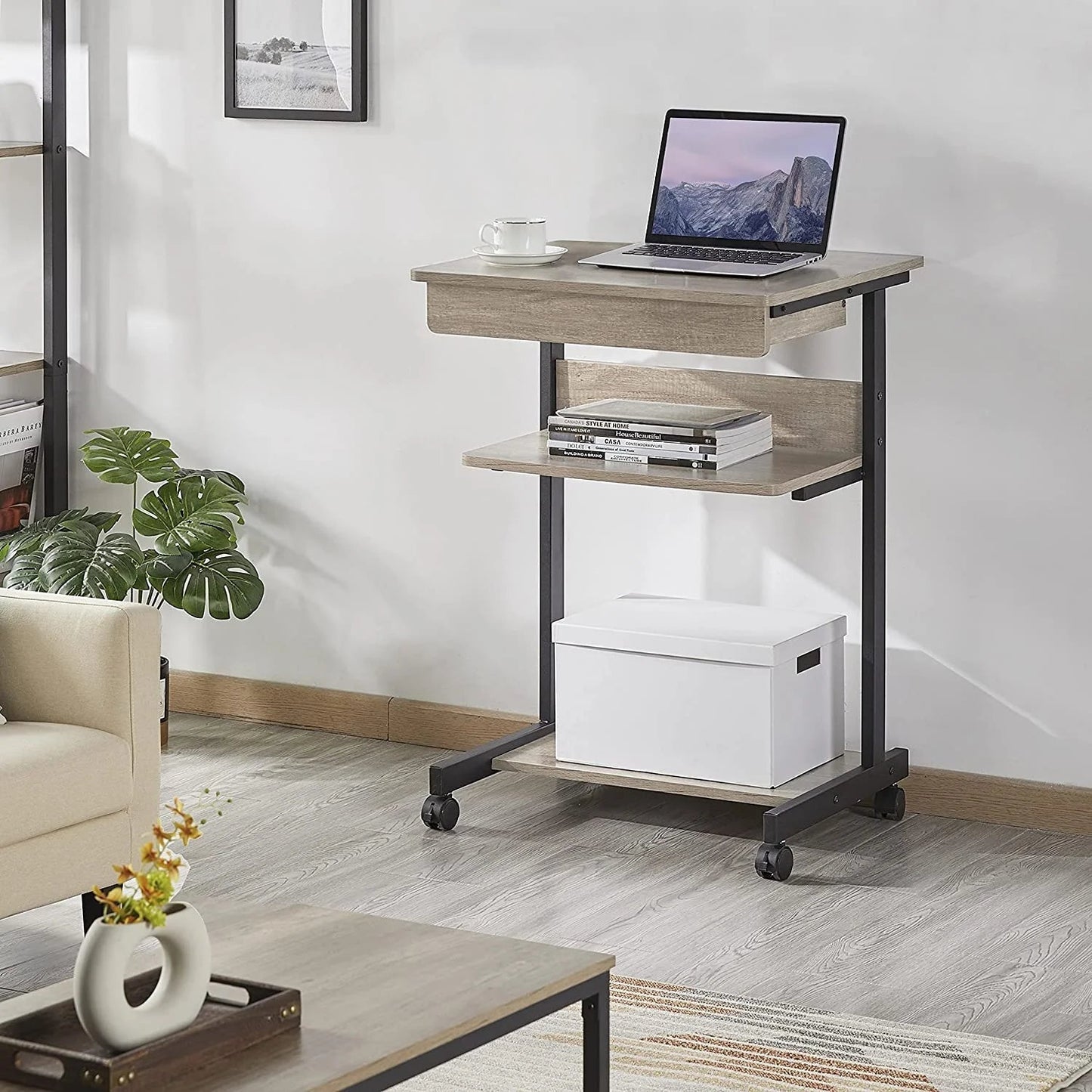 Rolling Computer Desk with Drawer & Keyboard Tray, Mobile Laptop Desk Cart Standing Computer Workstation for Home Office, Gray