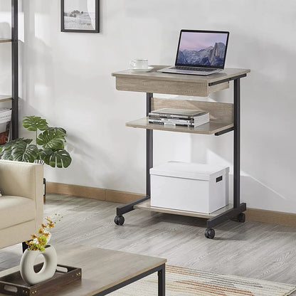 Rolling Computer Desk with Drawer & Keyboard Tray, Mobile Laptop Desk Cart Standing Computer Workstation for Home Office, Gray