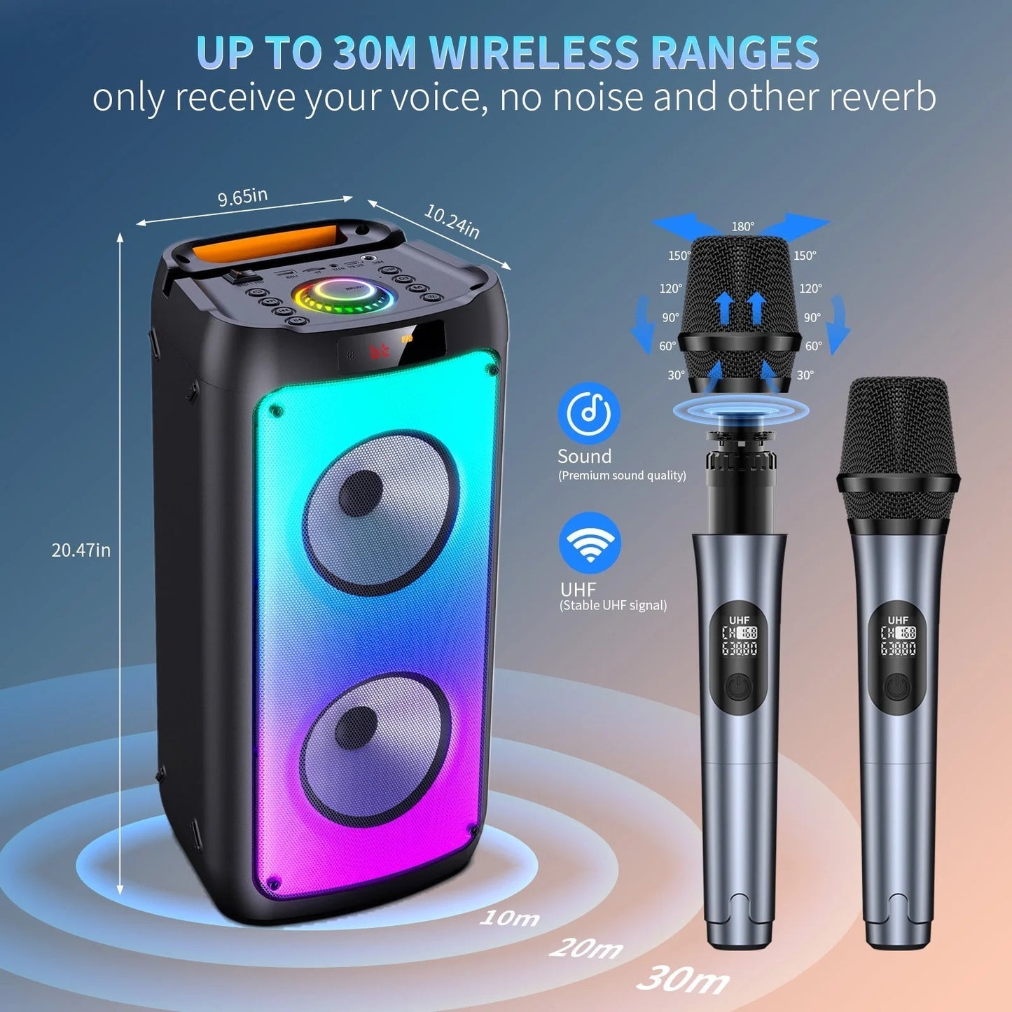 Party Speaker, Bluetooth Speaker with 2 Microphones, Dual 4'' Subwoofer Deep Bass