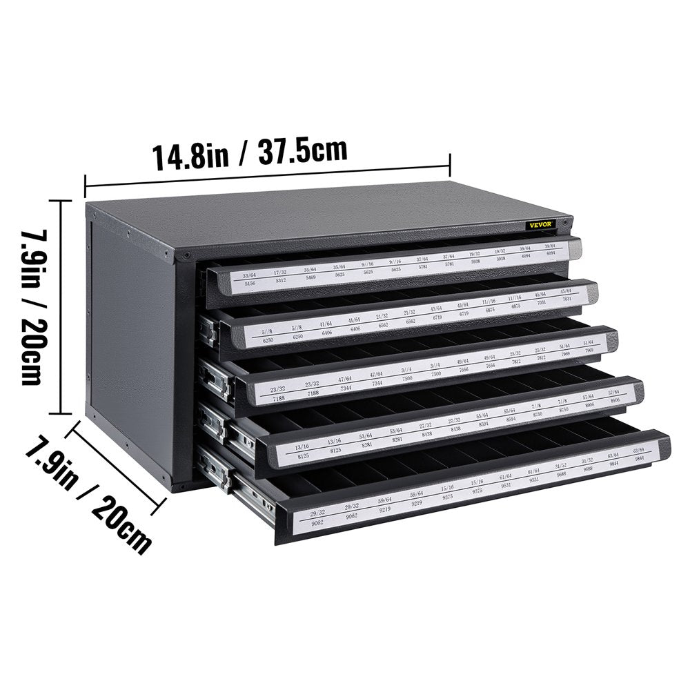 Drill Bit Dispenser Cabinet, Five-Drawer Drill Bit Dispenser, 1/2" Reduced Shank Drill Bit Organizer Cabinet, Drill Dispenser Organizer Cabinet for Sizes 33/64" to 63/64" in 1/64" Increments