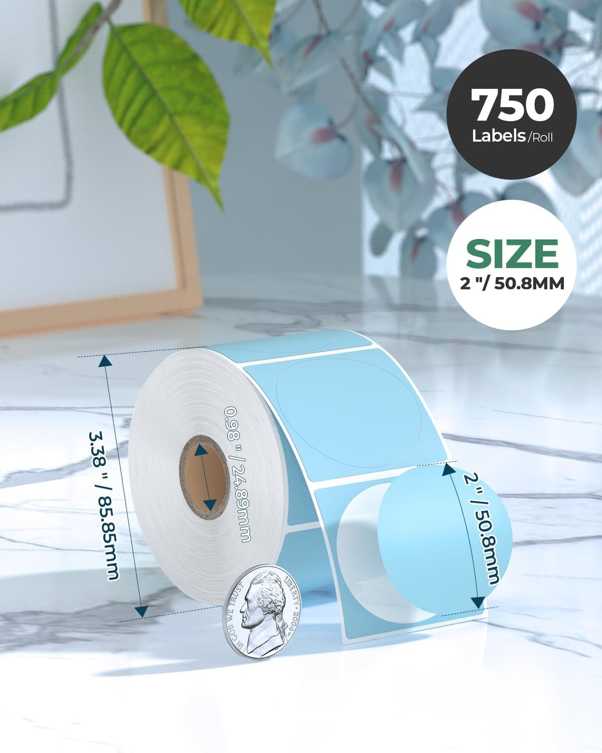 MUNBYN 2 Inch Blue Circle Thermal Sticker Labels, Self-Adhesive round Direct Thermal Labels for Logo Design, QR Code, Inventory, 750 Sheets/1 Roll