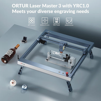 ORTUR Laser Master 3 with Foldable Feet FFT1.0 and Laser Rotary Chuck YRC1.0, 10000Mw Output Laser Cutter, App Control Laser Engraver for Wood and Metal, Laser Class 4