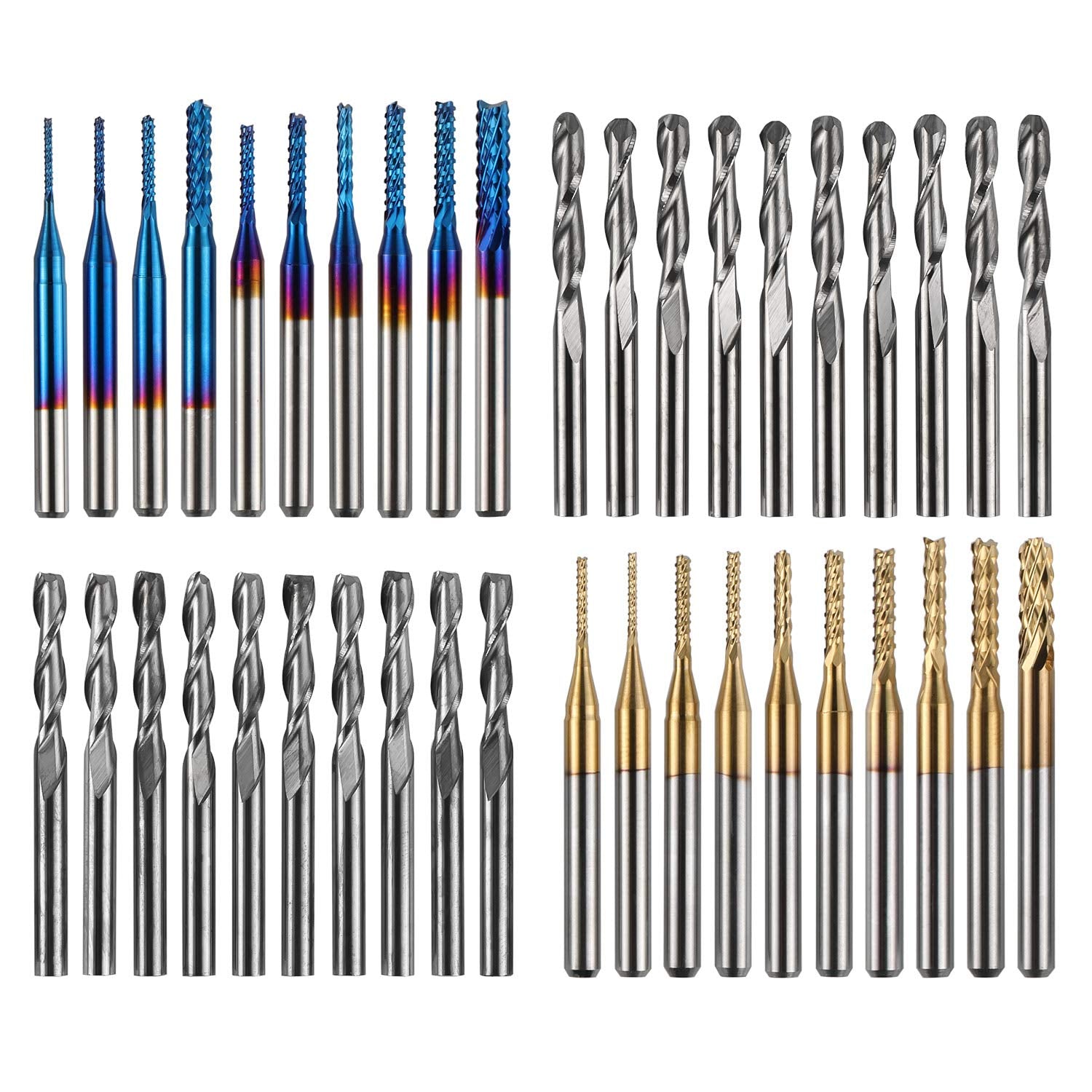 Genmitsu 40Pcs End Mills CNC Router Bits, 1/8" Shank CNC Cutter Milling Carving Bit Set Including 2-Flute Flat Nose & Ball Nose, Nano Blue Coat & Titanium Coat, MC40A