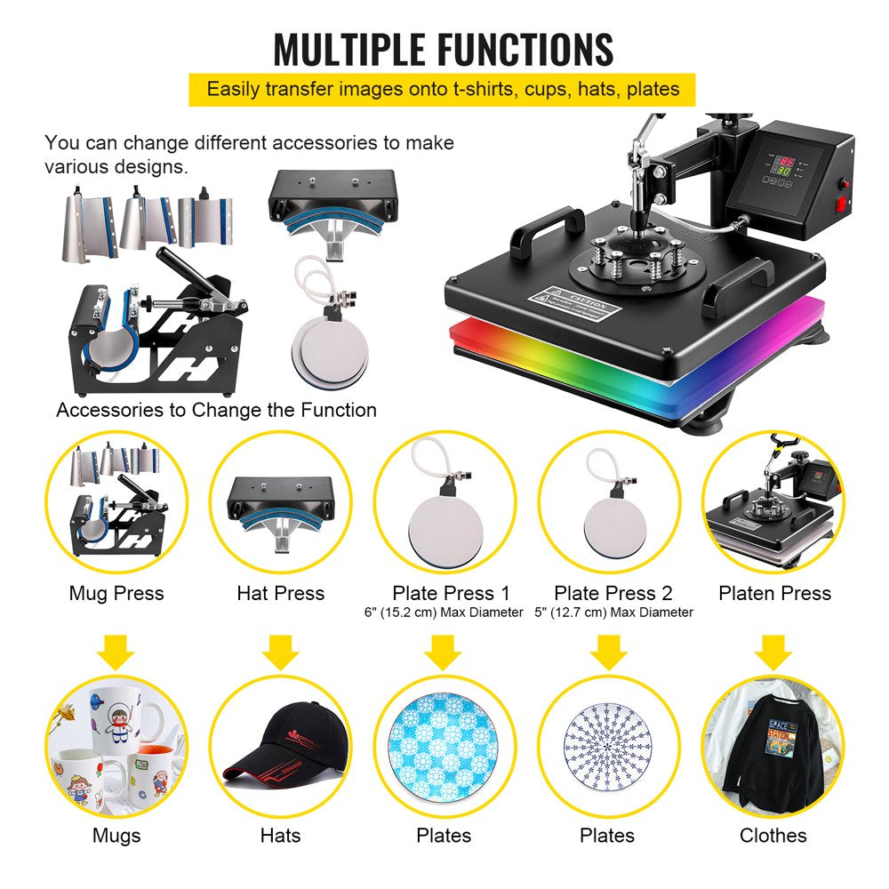 8 in 1 Heat Press Machine 15X15 Inch 1050W Combo Digital Multifunctional Sublimation Heat Transfer Machine Dual LED Display for T Shirts Hat Mug Cap Plate Swing Away Design