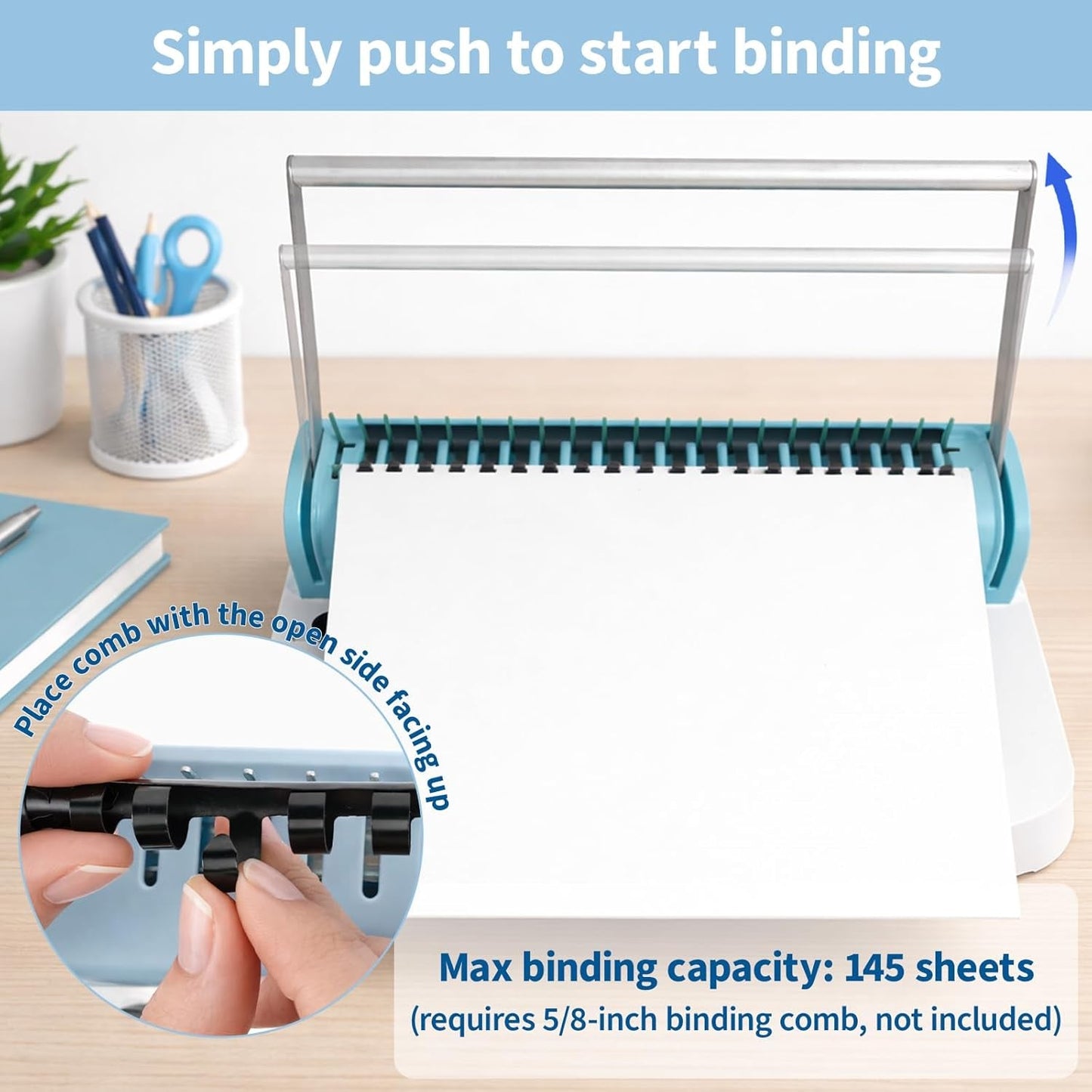 Binditek Binding Machine, 19-Hole, 145 Sheets, Comb Binding Machines with 50 PVC Binding Covers (8Mil), 50 Sand-Textured Polycovers (12Mil) and 50 PCS 1/2" Binding Combs, for Letter Size, Fixed Margin