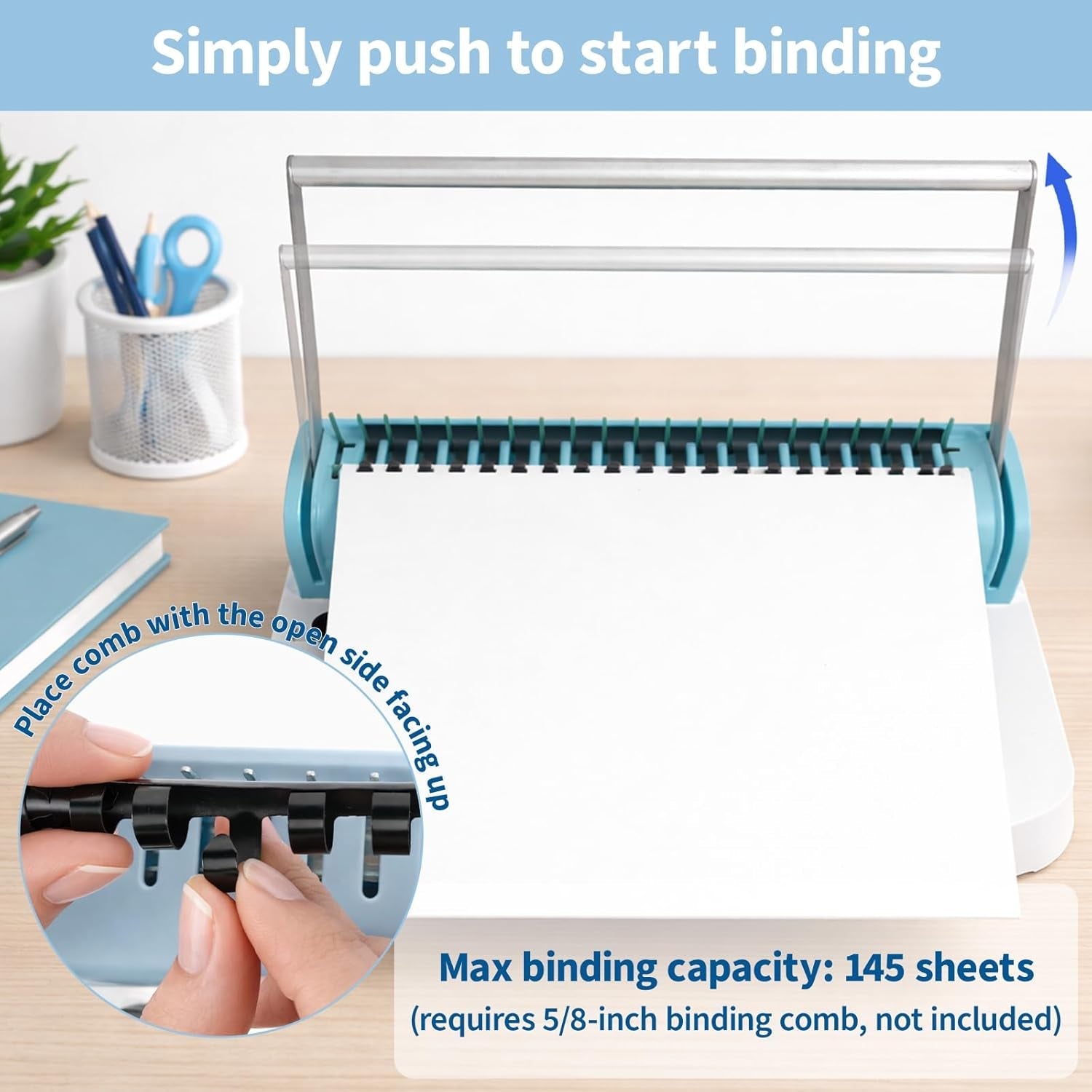 Binditek Binding Machine, 19-Hole, 145 Sheets, Comb Binding Machines with 50 PVC Binding Covers (8Mil), 50 Sand-Textured Polycovers (12Mil) and 50 PCS 1/2" Binding Combs, for Letter Size, Fixed Margin