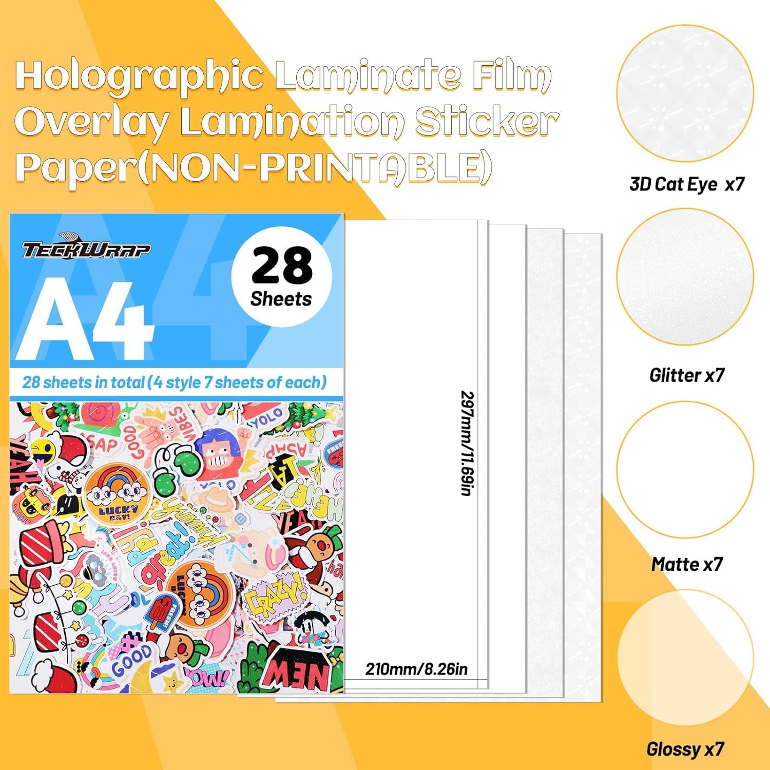Laminating Sheets Clear Vinyl Laminate Sheets Sticker Paper for Inkjet Printer Printable Vinyl Stickers, Photo Paper 8.26" X 11.69" A4 28 Sheets (3D Cat Eye, Glitter, Glossy, Matte)
