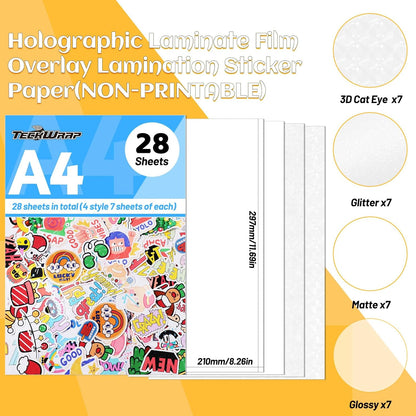 Laminating Sheets Clear Vinyl Laminate Sheets Sticker Paper for Inkjet Printer Printable Vinyl Stickers, Photo Paper 8.26" X 11.69" A4 28 Sheets (3D Cat Eye, Glitter, Glossy, Matte)
