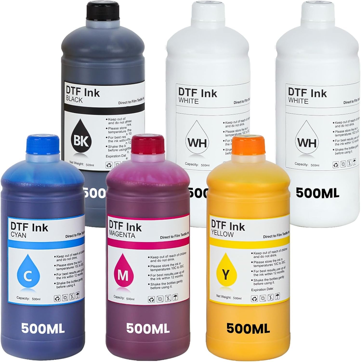 Premium DTF Ink 500 Ml 6-Pack, DTF Heat Transfer Ink Refill ET-8550 | for All DTF Printers L1800 R2400 L800 DX5 DX7 5113 XP600 I3200 (2White, 1Black, 1Cyan, 1Magenta, 1Yellow)