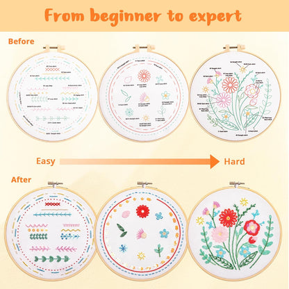 Bead Embroidery Kit for Beginners 3 Sets Bling Bling Bead Embroidery Kit with Step by Step Stitch Video & Instructions, Three-Dimensional Starter Embroidery Set with 19 Stitches for Gift