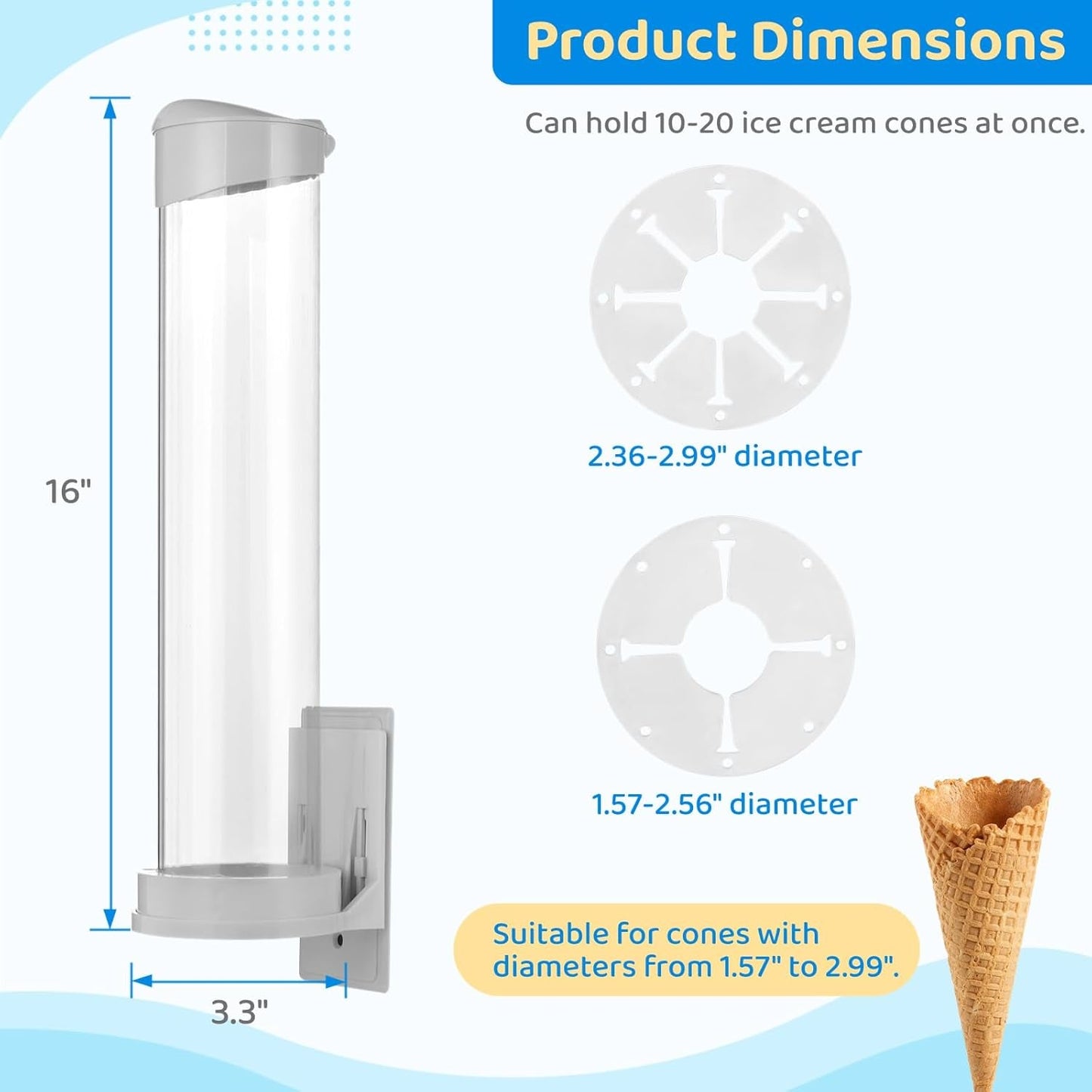 16'' Resturant Ice Cream Cone Dispenser (Commercial), Fit for Most Cone & Waffle Cone on Market, Self Adhesive Wall Mount Cone Holder for Coffee Dounut Store Ice Cream Machine, Easy to Clean (1PCS)