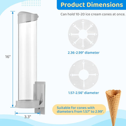 16'' Resturant Ice Cream Cone Dispenser (Commercial), Fit for Most Cone & Waffle Cone on Market, Self Adhesive Wall Mount Cone Holder for Coffee Dounut Store Ice Cream Machine, Easy to Clean (1PCS)