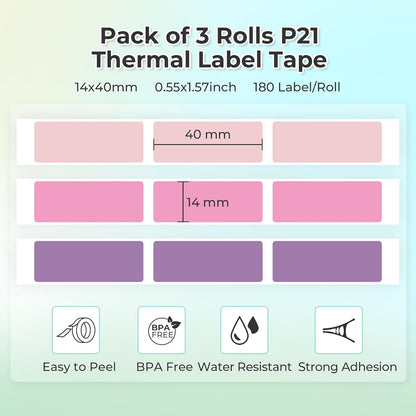 NELKO Genuine P21 Label Maker Tape, Adapted Label Print Paper, 14X40Mm (0.55"X1.57"), Standard Laminated Office Labeling Tape Replacement, Multipurpose of P21, 180 Tapes/Roll, 3-Roll, Purple/Rose/Pink