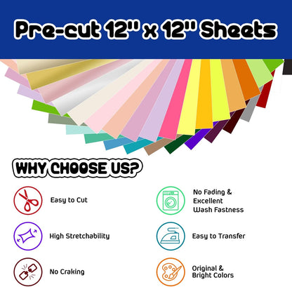 Heat Transfer Vinyl for T-Shirts, Clothes, Bags & Pillows, 33 Sheets 12"X12" for Heat Press Iron on HTV Vinyl Compatible with Most Cutters, Easy Cut & Weed