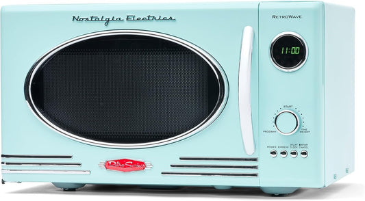 Nostalgia Retro Countertop Microwave Oven - 800-Watt - 0.9 Cu Ft - 12 Pre-Programmed Cooking Settings - Digital Clock - Kitchen Appliances - Aqua