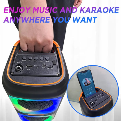 Portable Dual 4'' Speakers Bluetooth Speaker, Party Stereo Subwoofer RGB Lights Karaoke Heavy Bass with Mic (Optional),Support TWS/AUX/USB/TF Card Ideal for Party,Home,Camping