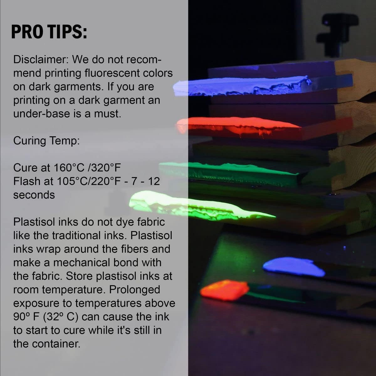 Rapid Cure Fluorescent 6 Color Plastisol Ink - Low Temp Curing, 8 Oz. by