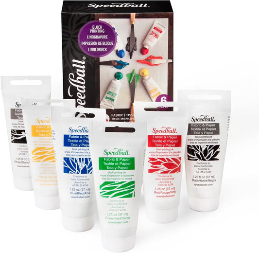 Premium Block Printing Ink Set - 6 Colors for Fabric and Paper - Water Soluble Oil Based Ink - 1.25 Oz Each