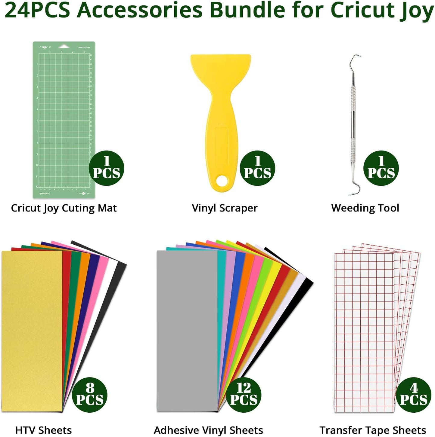 24PCS Accessories Bundle Compatible with Cricut Joy, Accessories and Supplies Include Iron on Vinyl, Adhesive Vinyl Sheets, Vinyl Transfer Tape, Cutting Mat and Weeding Tools for Starter Kit