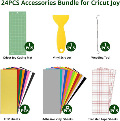 24PCS Accessories Bundle Compatible with Cricut Joy, Accessories and Supplies Include Iron on Vinyl, Adhesive Vinyl Sheets, Vinyl Transfer Tape, Cutting Mat and Weeding Tools for Starter Kit