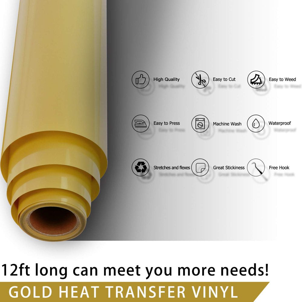 Gold HTV Heat Transfer Vinyl Roll- 12" X 12FT Gold HTV Vinyl for Shirts - Easy to Cut & Weed Iron on Vinyl for Clothes(Gold)