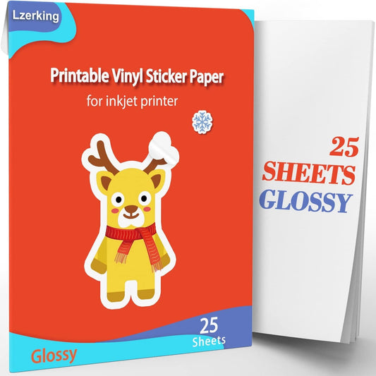 Lzerking Printable Vinyl Sticker Paper for Inkjet Printer - 25 Sheets Glossy White Self-Adhesive Waterproof Decal Sticker Paper - 8.5X11 Inches Dries Quickly Vivid Colors DIY Crafts
