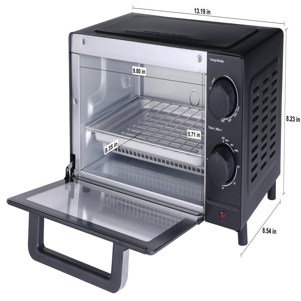 4 Slice Toaster Oven with 3 Setting, Baking Rack and Pan, Black, New