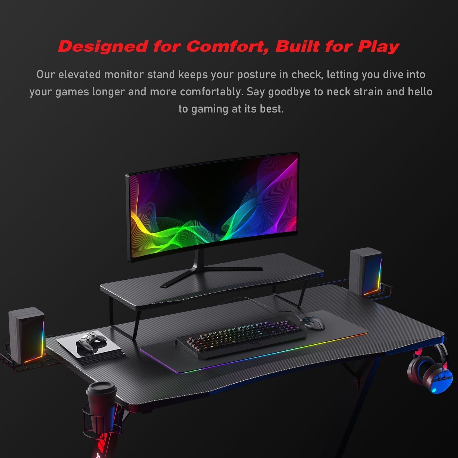 Ergonomic Curved 3-Sided LED Z-Leg Gaming Desk, Black