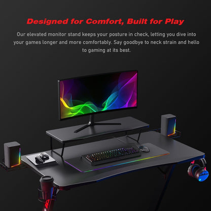 Ergonomic Curved 3-Sided LED Z-Leg Gaming Desk, Black
