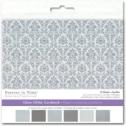 Glam Glitter Patterned Card Stock - 6 X 6 Inches - 12 Sheets of Silvery Patterns
