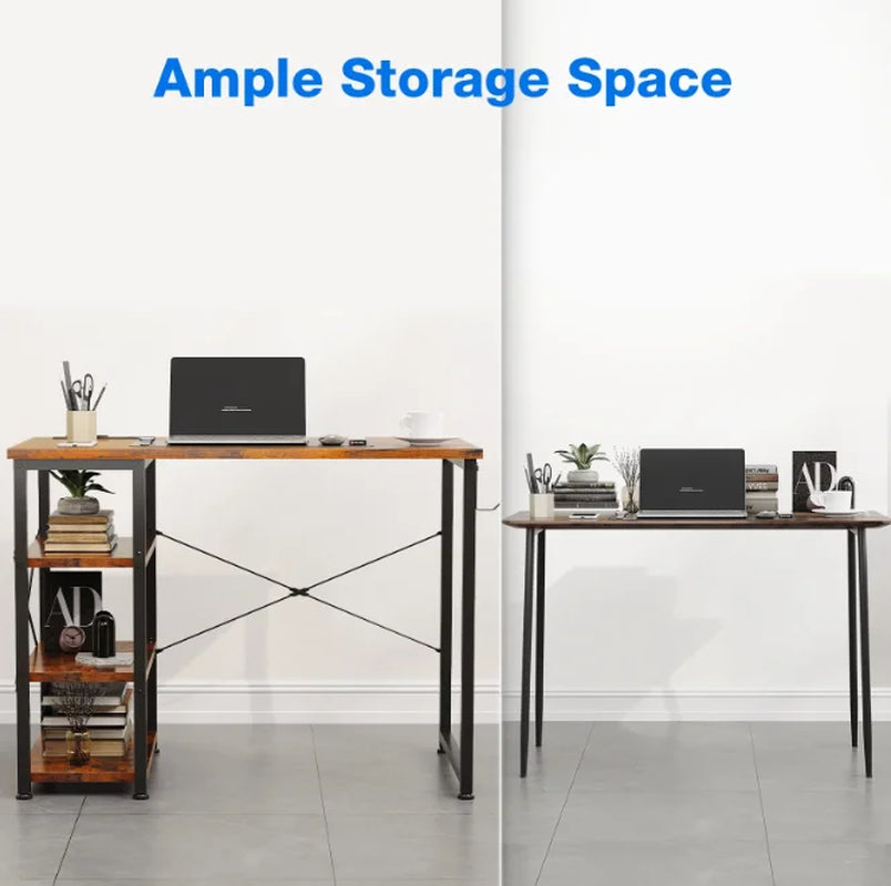 32 Inch Computer Desk with 3 Tier Shelves for Small Space, Small Table with Power Outlets, Vintage