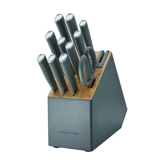 Classic 12-Piece Japanese Steel Knife Block Set with Built-In Knife Sharpener, Charcoal Gray