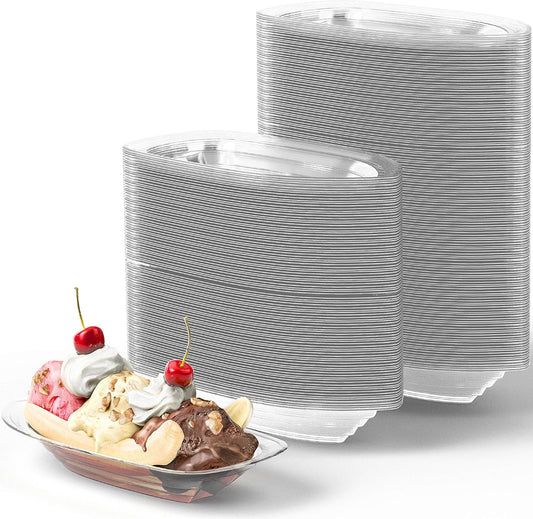 Super Fun Recyclable 8Oz Banana Split Boats 250 Pack. Durable, Disposable Ice Cream Sundae Bowls. Perfect Plastic Cups for Social Event or Kids Birthday Party. Great Clear Dessert Tray for Carnivals.