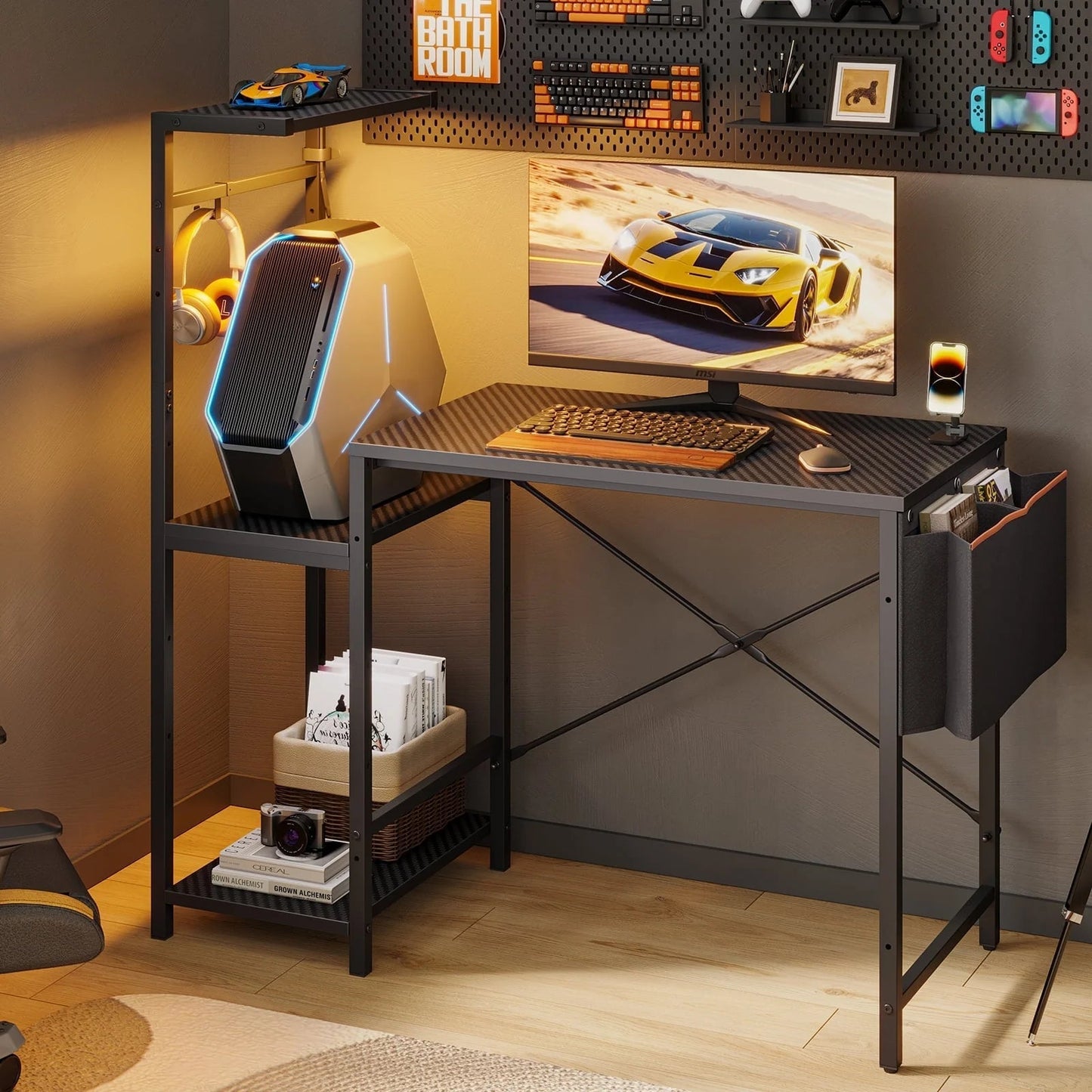 Gaming Desk with LED Lights, 44'' Computer Desk with Reversible Shelves, PC Gamer Desk with Side Storage Bag, Hooks and Height Adjustable Shelf for Home Office, Carbon Fiber Black