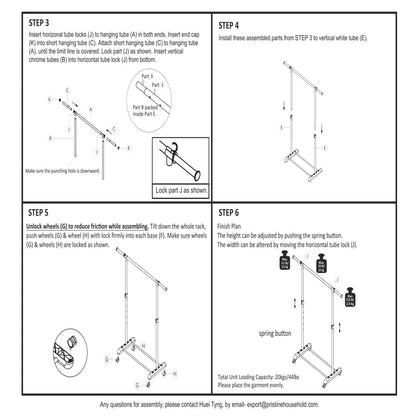 Adjustable Rolling Garment Rack Metal Chrome, White, 84-121Wx44Dx123.5-163Hcm